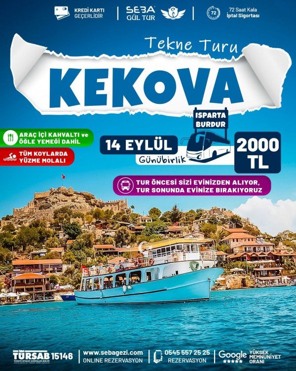 Kekova Tekne Turu 14 Eylül Pazar Isparta Burdur Çıkışlı Günübirlik